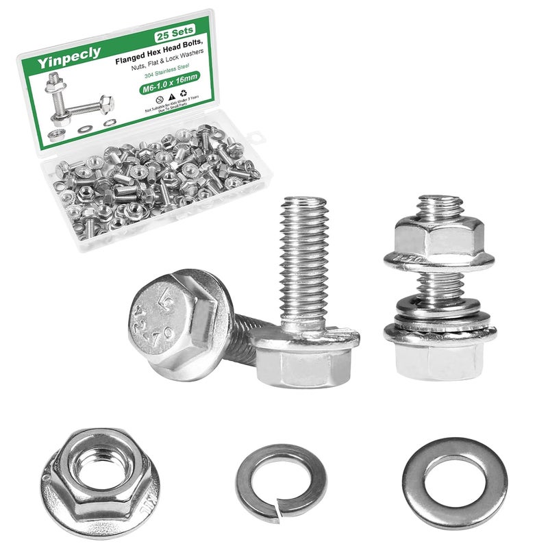 Yinpecly 25 Sets M6-1.0 x 16mm Flanged Hex Head Bolts Kits, M6 Flange Hexagon Screws and Nuts,Flat & Spring Lock Washers,18-8 (304) Stainless Steel,Metric Bolt Assortment, Fully Threaded - Image 1
